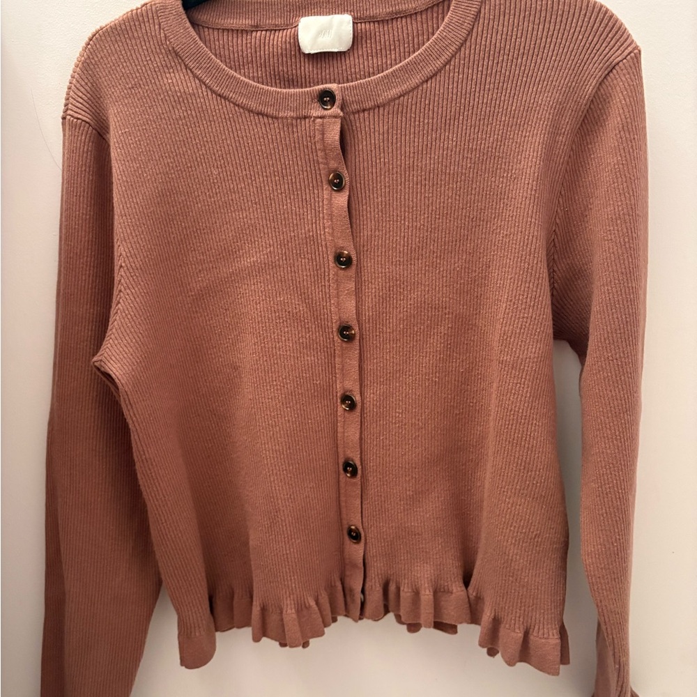 Ribbed  Mauve Brown Button-Up Cardigan
